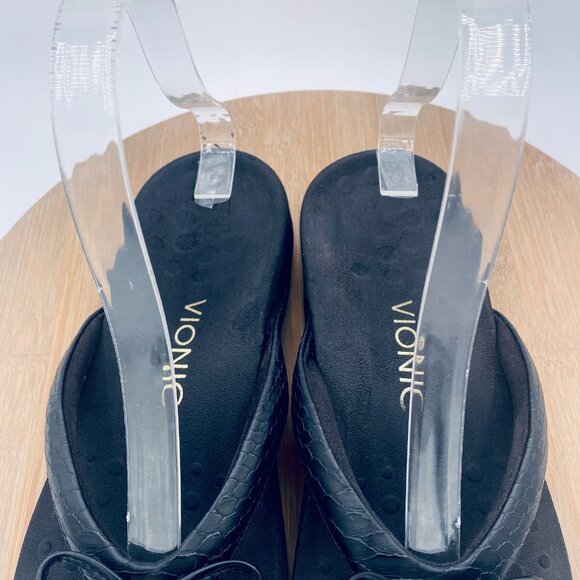 Vionic Cassie Sandals Womens 7 Black Leather Orthotic Flip Flop Bow - Picture 4 of 11